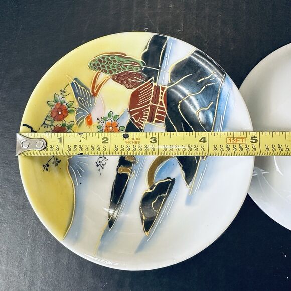 Japanese Moriage Dish/Bowl Set of 2, House, Mountain, Boat, Bird, Flowers VTG - Picture 7 of 9